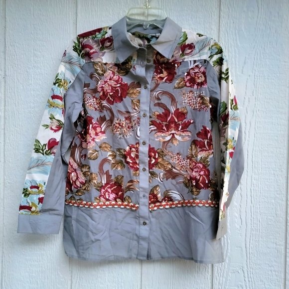 soft surroundings floral print sequined button down blouse size petite xs - Picture 1 of 4